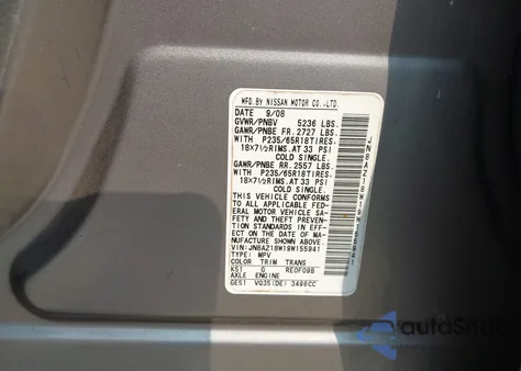 2009 Nissan Murano Sl from USA, damaged, VIN JN8AZ18W19W155941